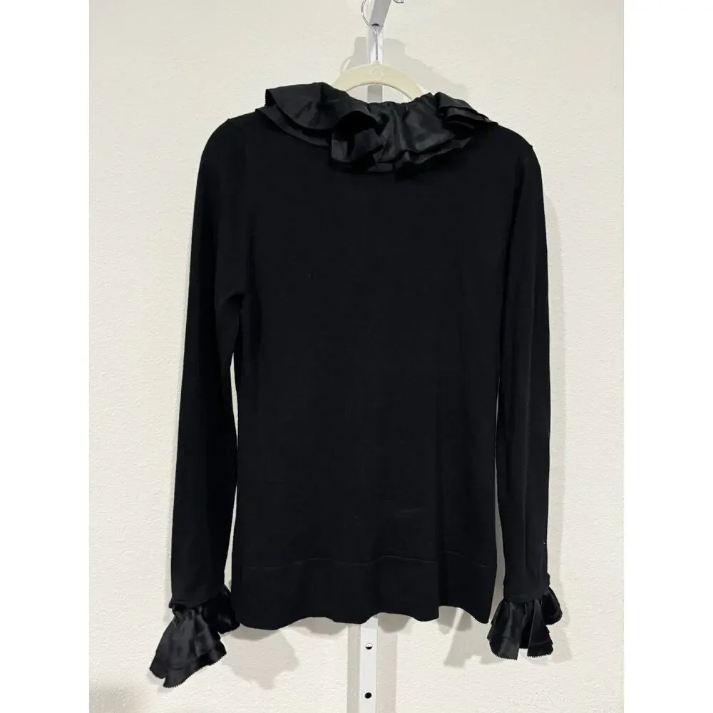 Tory Burch Black V-Neck Sweater with Removable Silk Collar and Cuffs Size L